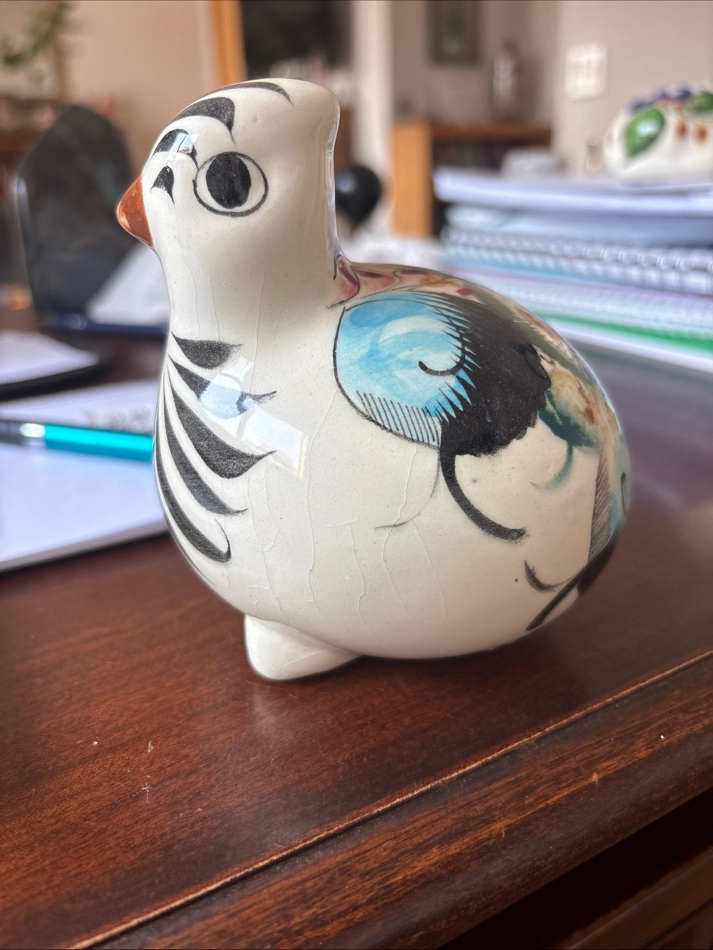 Vintage Mexican Tonala Folk Art Pottery Hand Painted Bird Figurine